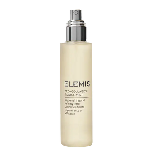 Elemis Pro-Collagen Toning Mist Frasco de 150ml para rotinas de cuidados com a pele, com design transparente e bomba prateada para fácil aplicação.