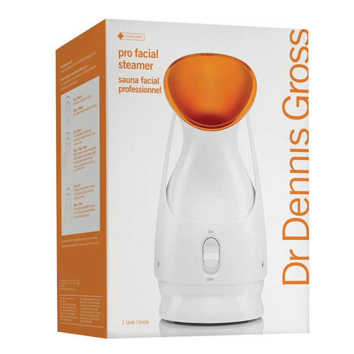 אריזה קמעונאית של Dr Dennis Gross Facial Steamer המדגישה את כלי טיפוח העור בדרגה מקצועית להענקת לחות והבהרת טיפולי פנים.
