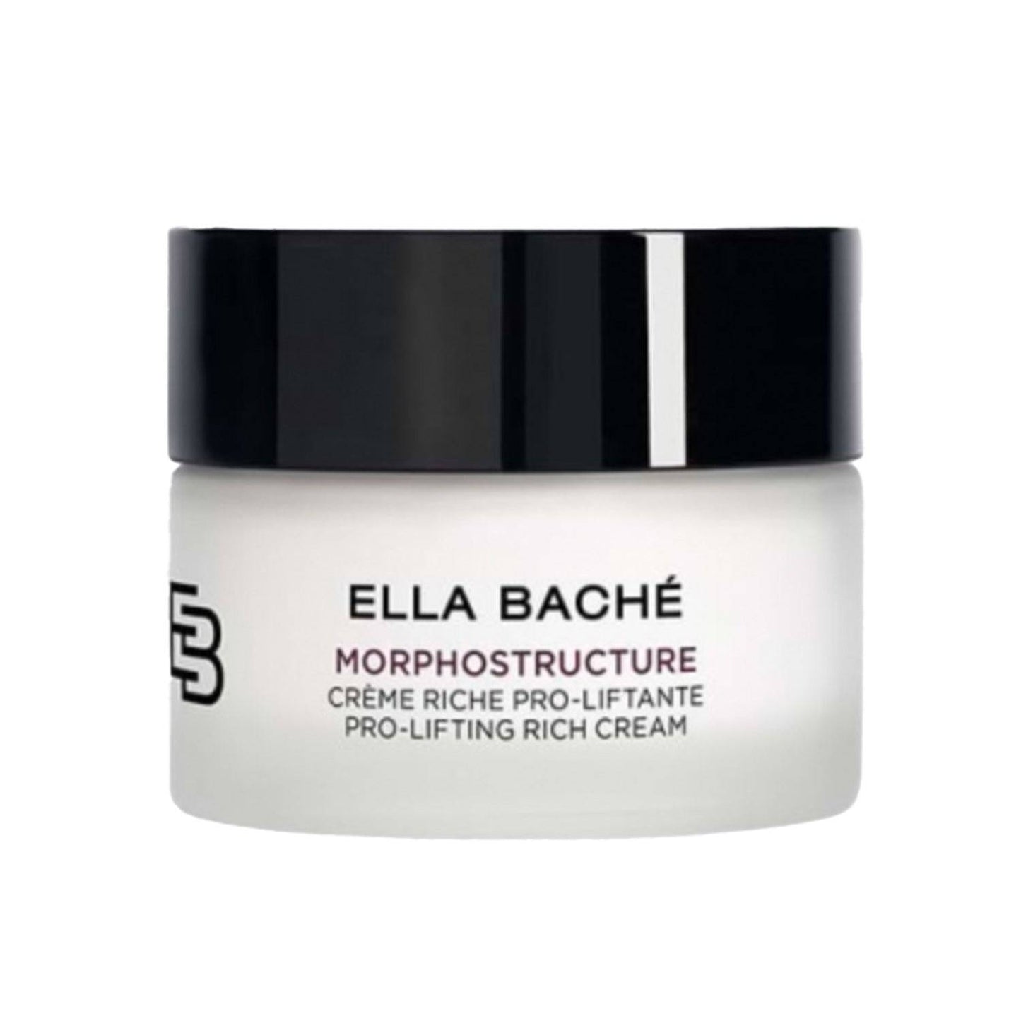 Ella Bache Pro-Lifting Rich Cream í sléttri hvítri krukku með svörtu loki, hannað fyrir mikla raka í andliti og stinnandi húð í hágæða húðvörum.