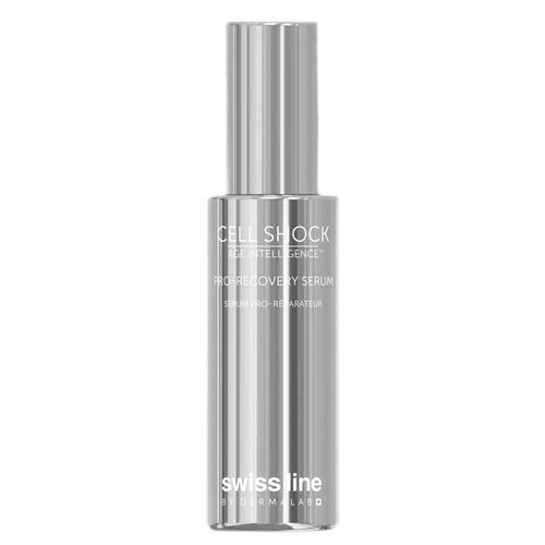 Suero Swiss Line Pro-Recovery para el cuidado del rostro, con fórmula antiglicación y reductora del enrojecimiento en un frasco dispensador metálico de primera calidad.