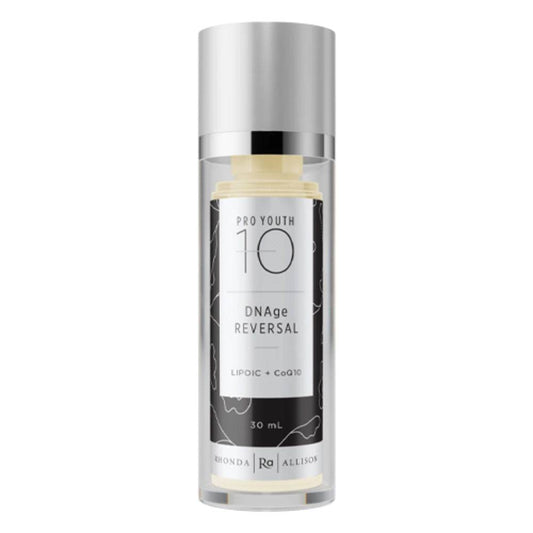 Rhonda Allison Pro Youth DNAge Reversal anti-aging face serum with Lipoic and CoQ10 in a 30ml sleek silver pump bottle. Strengthens and protects skin.