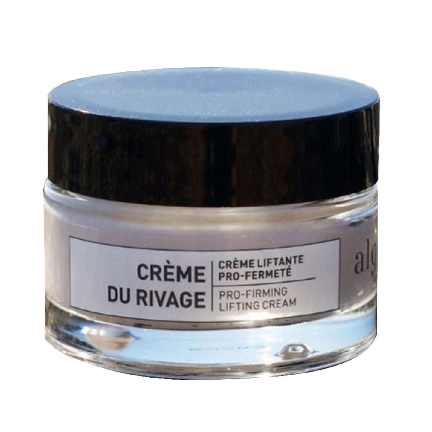 Klar krukke med Algologie Pro-Firming Lifting Cream med svart lokk, designet for å forbedre hudens fasthet og redusere fine linjer.