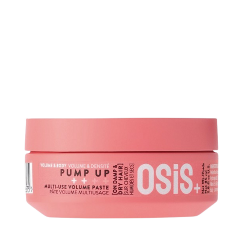 معجون تصفيف الشعر OSiS+ Pump Up متعدد الاستخدام بسعة 85 مل في وعاء وردي، مصمم لتثبيت مرن وكثافة لجميع أنواع الشعر.