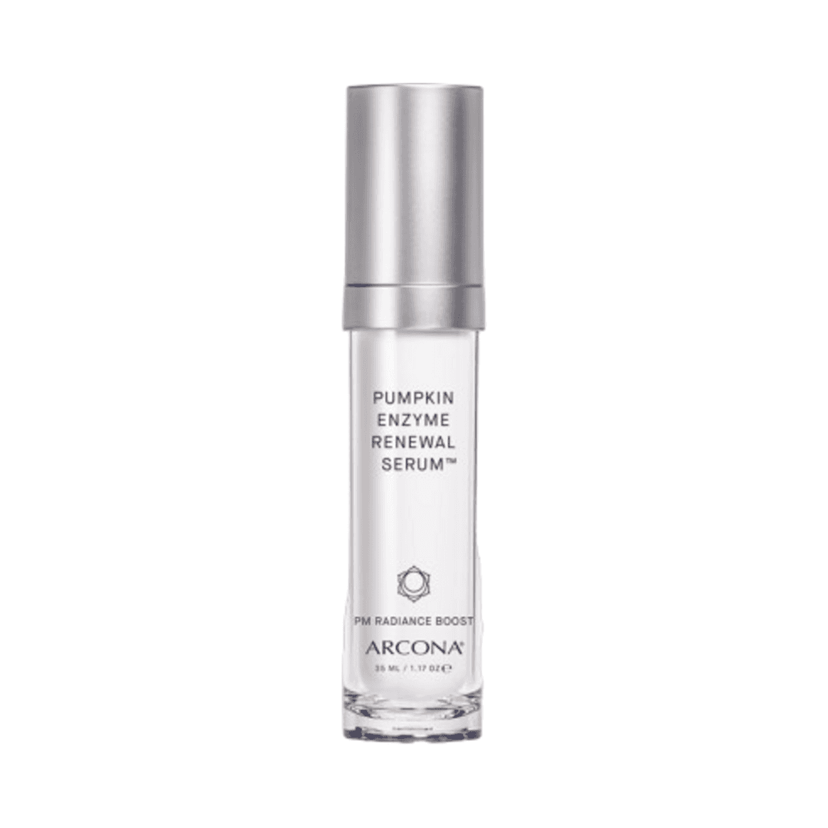Arcona Pumpkin Enzyme Renewal Serum σε κομψό ασημί μπουκάλι αντλίας, ένα gel-serum για απολέπιση και ενυδάτωση στις ρουτίνες περιποίησης προσώπου.