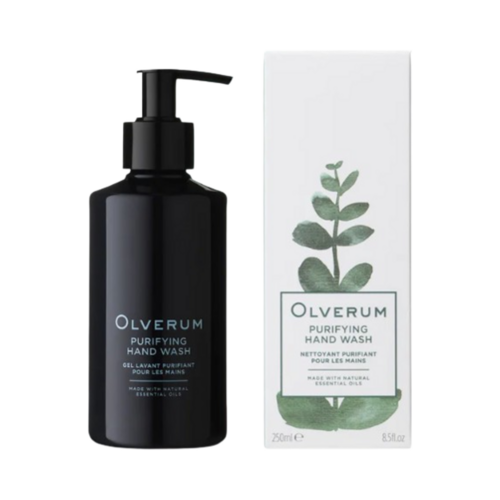 Olverum Purifying Hand Wash eSkinStore המותג מוצג עם אריזה, מועשר בוורדים ושמנים אתריים לטיפול בעור הידיים.