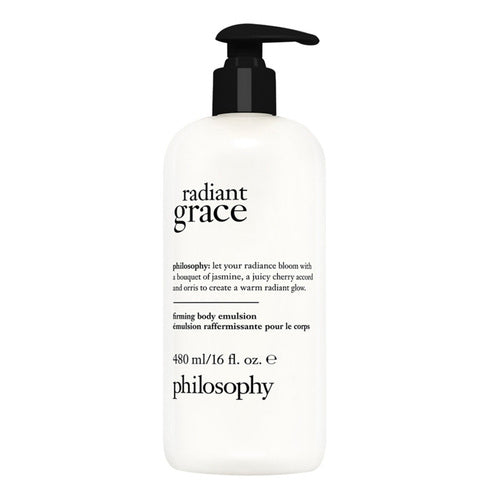 Philosophy Radiant Grace Firming Body Emulsion 480ml pump bottle, smoothing and hydrating formula for radiant, toned skin.