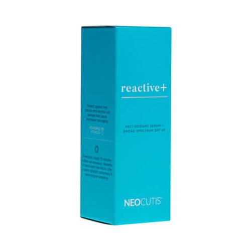 NeoCutis ReACTIVE+, 30 ml/1,01 fl oz ansiktsserum i eske, med bredspektret SPF 45 og patentert antioksidantteknologi for hudpleie.