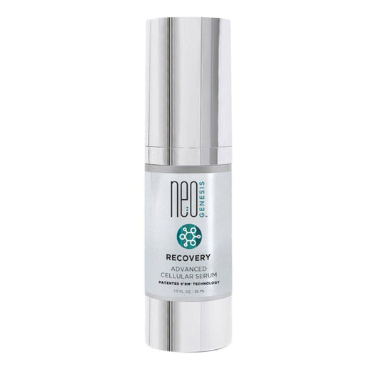 NeoGenesis Recovery Advanced Cellular Serum in 10 mL silver bottle for anti-aging and wrinkle reduction. Ideal for face and neck skincare treatment.