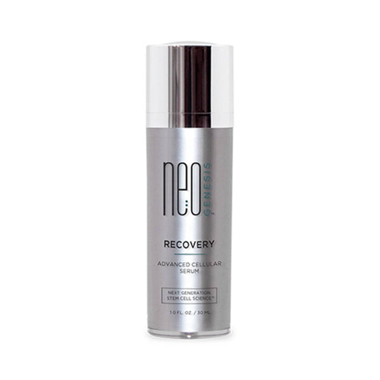 NeoGenesis Recovery Serum 30 mL in sleek silver packaging, designed to enhance healing and improve mature skin with collagen and lactic acid.