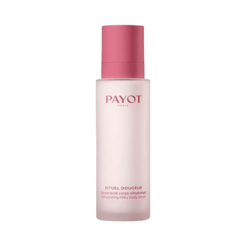סרום גוף לחות של Payot Milky בבקבוק ורוד רך. סרום טיפולי גוף שנועד לשמנמן ולהגן על העור מפני יובש ותוקפנות.