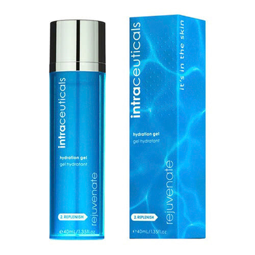 مجموعة جل وصندوق Intraceuticals Rejuvenate Hydration، تستهدف البشرة الجافة والمتقدمة في السن بتركيبة غنية بالفيتامينات لترطيب عميق وتجديد البشرة.