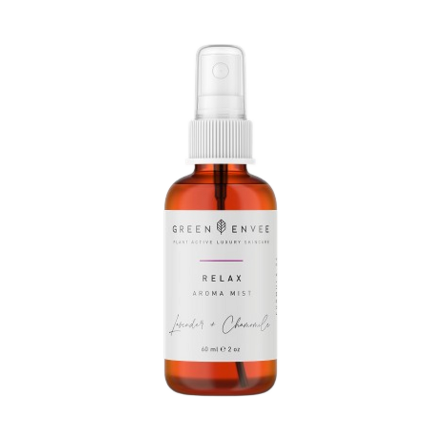 Green Envee Relax Aroma Mist com lavanda e camomila em frasco spray âmbar de 60ml para aromaterapia calmante em casa.