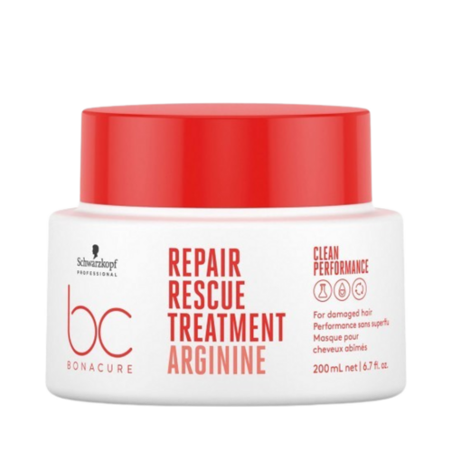 Schwarzkopf Bonacure Repair Rescue Treatment טיפול שיער בצנצנת 200 מ"ל אדום ולבן, אידיאלית לקצוות מפוצלים ותיקון שיער.
