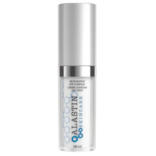 Alastin Restorative Eye Complex, 18 ml/0,6 fl oz flaska med silverlock, designad för att minska svullnader, mörka ringar och fina linjer runt ögonen.