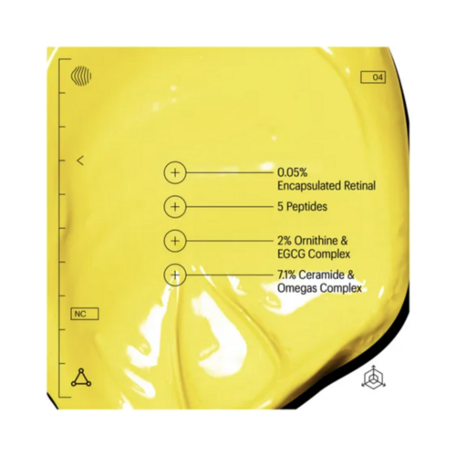 Ingredientes destacados de Allies of Skin Retinal Peptide Night Cream sobre un fondo de crema amarilla, que muestra activos reparadores de la piel.
