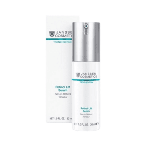 Janssen Cosmetics Retinol Lift Serum med emballasje, en hudpleieløsning for oppstramming og utjevning av moden hud med aktive ingredienser.