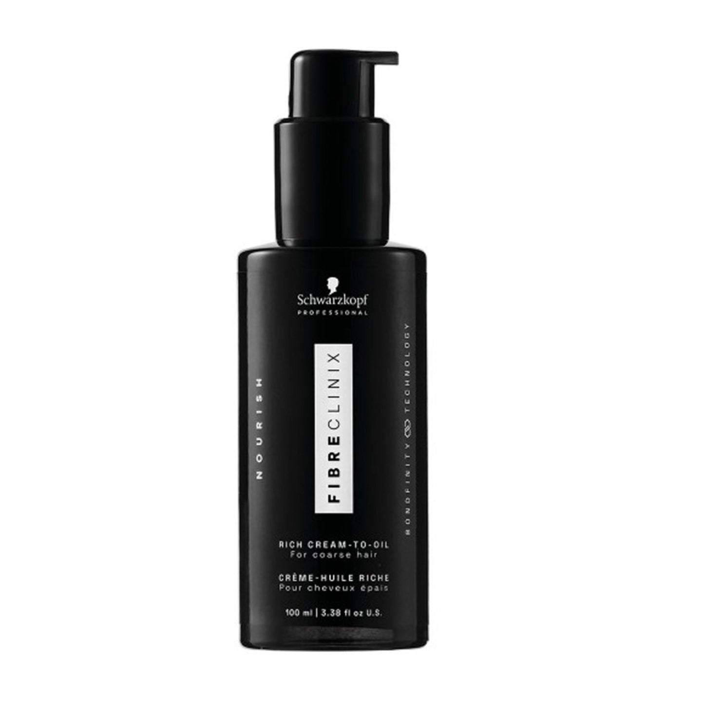 Trattamento per capelli Fiber Clinix Cream-To-Oil in flacone nero con pompa da 100 ml per capelli grossolani. Nutre, ripara e protegge i capelli ribelli.