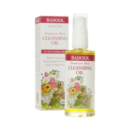 Badger Balms Olio detergente alla rosa di Damasco in un flacone da 2 fl oz, progettato per la pelle secca e sensibile, con benefici idratanti e purificanti.