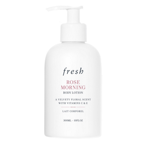Fresh Rose Morning Body Lotion in einer eleganten weißen 300-ml-Flasche, angereichert mit Glycerin und Rose für weiche, gepflegte Haut den ganzen Tag.
