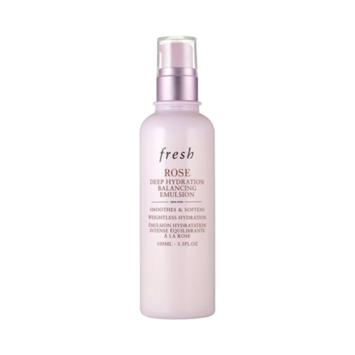 Fresh Rose Deep Hydration Fleyti með hýalúrónsýru, hönnuð fyrir andlit og háls, sýnt í pastelbleikum 100ml flösku.