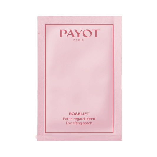 Roselift Eye Lifting Patch från Payot i rosa påsförpackning, designad för att strama upp och lyfta området under ögonen på några minuter med hjälp av naturliga ingredienser.