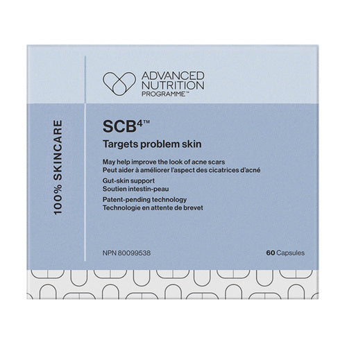 Advanced Nutrition Program SCB4 doos met huidverzorgingssupplementen, met technologie waarvoor patent is aangevraagd om acne aan te pakken en een gezonde huid te bevorderen.