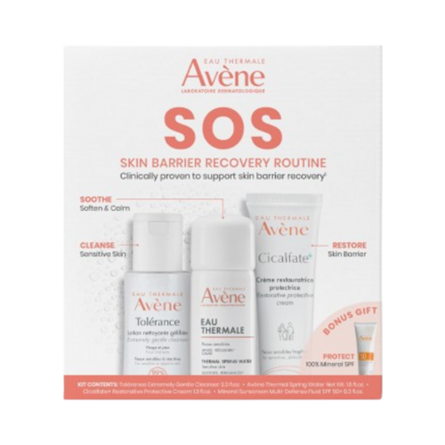 Avene SOS Skin Barrier Recovery -rutiinipakkaus, joka sisältää hellävaraista puhdistusainetta, lämpövettä ja Cicalfate+ -voidetta. Kliinisesti todistettu ihosuojan tueksi.