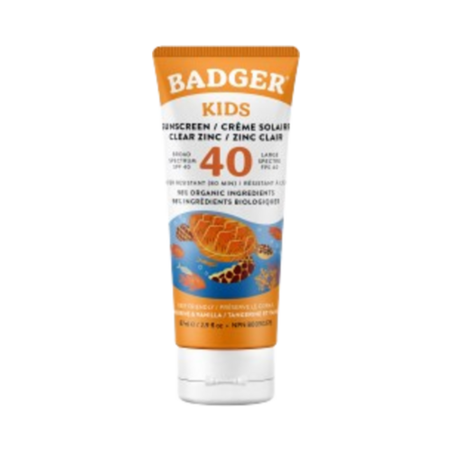 واقي الشمس من Badger Balms SPF 40 للأطفال من الزنك الشفاف في أنبوب برتقالي، حماية واسعة النطاق من الأشعة فوق البنفسجية فئة A وB لروتين العناية ببشرة الأطفال.