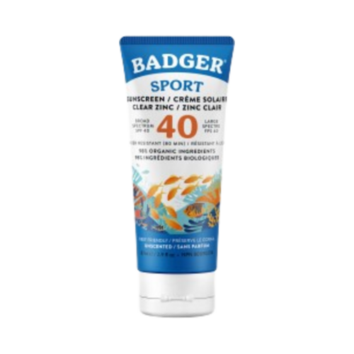Badger Balms Sport Clear Zinc -aurinkosuojavoide SPF 40, jossa on riuttaystävällinen koostumus matkaystävällisessä putkessa kasvoille ja kaulalle.