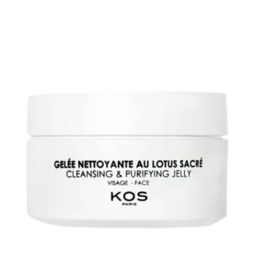 Kos Paris Sacred Lotus Cleansing Jelly، غسول منقي للوجه في حاوية بيضاء بسيطة. مصمم لتنظيف البشرة الدهنية والسيطرة عليها.