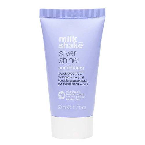 milk_shake Silver Shine Conditioner, 50ml mini tube designed for blonde and grey hair, paraben-free with tone-correcting blueberry and milk protein blend.
