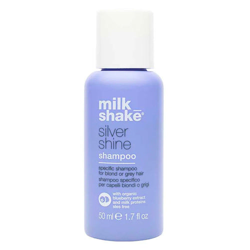 milk_shake Silver Shine Shampoo flacone da viaggio da 50 ml, perfetto per la cura dei capelli biondi, rimuove l'ottone con ingredienti biologici e senza solfati.