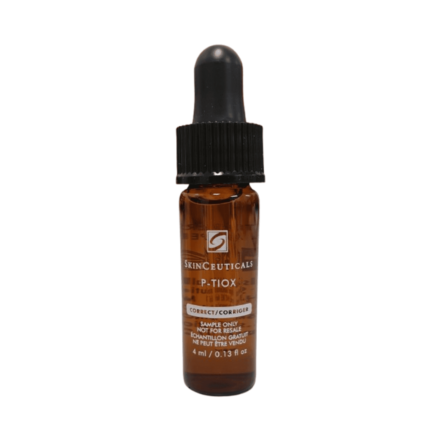 Muestra de sérum facial antiarrugas SkinCeuticals P-TIOX en frasco de vidrio ámbar