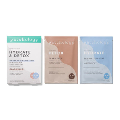 Patchology SmartMud Duo - 水分補給とデトックス フェイス マスクには、深いクレンジングと水分補給のためのカオリンと炭を配合した使い捨てマスク 2 枚が含まれています。