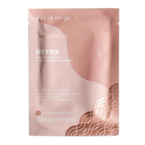 Patchology SmartMud No Mess Mud Masque Face Mask in rose gold packaging, featuring detoxifying ingredients like charcoal and kaolin clay for pore cleansing.