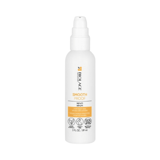 Μπουκάλι ορού Biolage Smooth Proof Leave-In για περιποίηση μαλλιών κατά του φριζαρίσματος και έλεγχο της υγρασίας, ιδανικό για λείες, λαμπερές ρουτίνες περιποίησης μαλλιών.