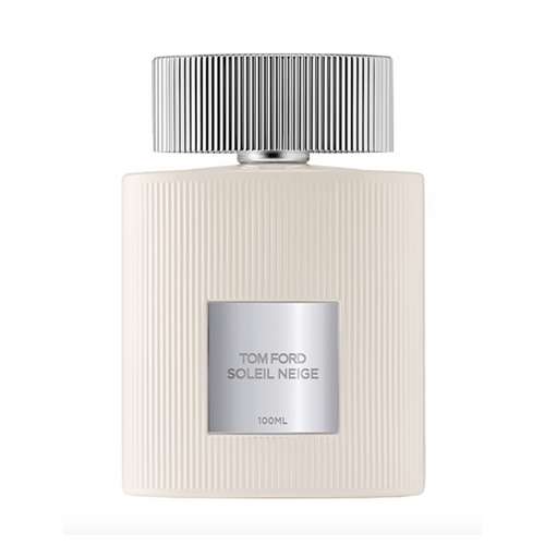 Tom Ford Soleil Neige EDP 100ml bottle featuring ribbed white design and metallic label, a premium men's fragrance with citrus, amber, and musk notes.