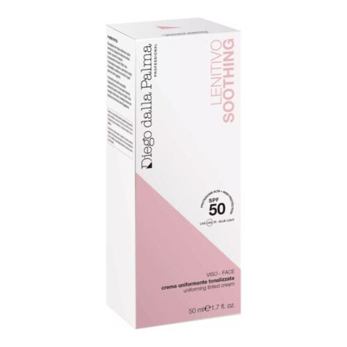 Packaging della Crema Colorata Lenitiva Uniformante SPF 50 di Diego Dalla Palma, che ne evidenzia la protezione SPF e i benefici serali per il tono della pelle per la cura quotidiana della pelle.