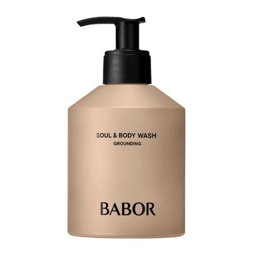 Babor Soul と Body Wash Grounding はブラックのポンプディスペンサー付きで、ボディケアのグラウンディングとリラクゼーションのためのプレミアム シャワー ジェルです。