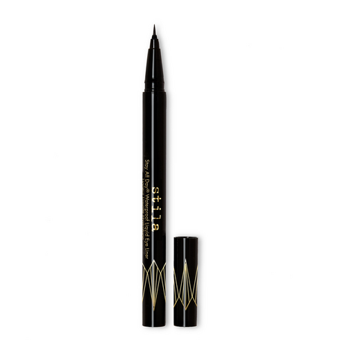 Stila Stay All Day wasserfester flüssiger Eyeliner MICRO TIP in Schwarz mit goldenen Akzenten. Liefert präzise, langanhaltende Farbe für kräftige oder dezente Augenaufschläge.