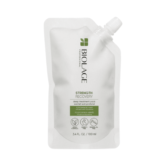 Biolage Strength Recovery Pack για ταλαιπωρημένα μαλλιά σε θήκη 100ml, ιδανική για βαθιά περιποίηση, επανόρθωση και αποκατάσταση υγρασίας.