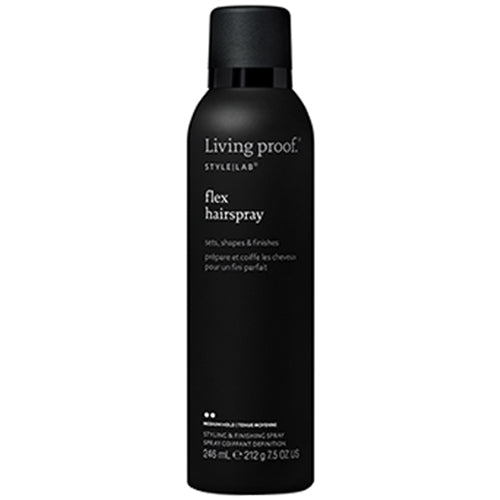 Laque modelante Living Proof Flex dans un flacon pulvérisateur noir de 7,5 oz pour un coiffage et une finition à tenue moyenne. Idéal pour les coiffures brossables et réalisables.