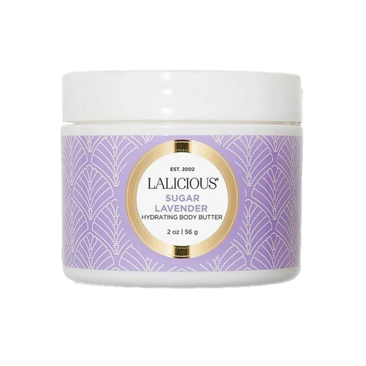 LaLicious Körperbutter – Lavendel im 2-Unzen-Glas mit elegantem Etikett in Lila und Gold. Ultra-feuchtigkeitsspendende Körperfeuchtigkeitscreme mit beruhigendem Lavendelduft.