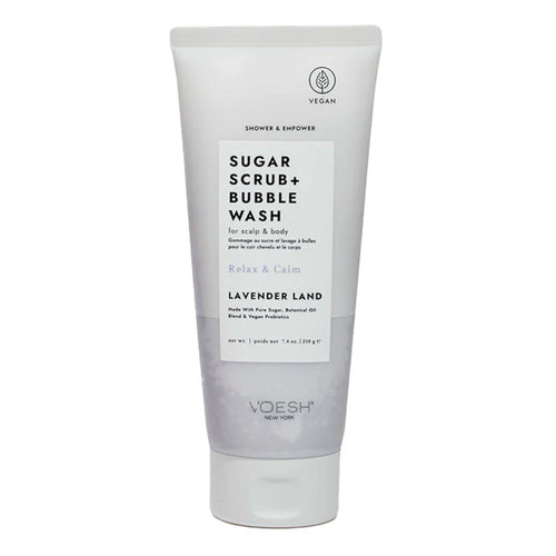 Voesh Sugar Scrub وBubble Wash Lavender Land في عبوة بيضاء أنيقة، ومقشر ومنظف مزدوج المفعول للعناية الشخصية.