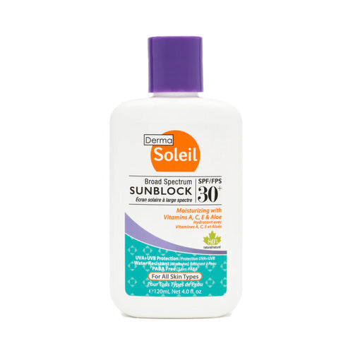 DermaMed Sunscreen Lotion SPF 30+ in 120ml bottle. Skin-nourishing sunblock with aloe and essential vitamins for full body protection.