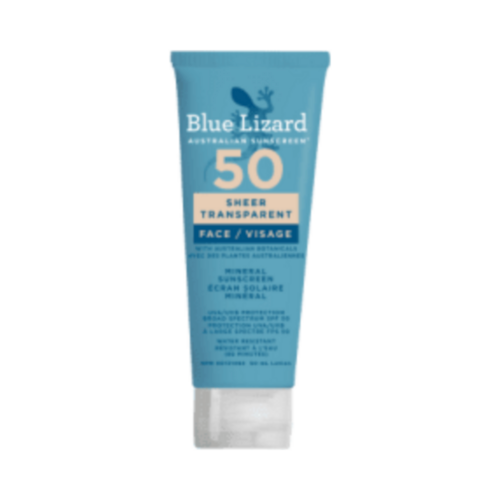 Blue Lizard Sheer Face SPF 50 sunscreen with transparent finish, ideal for sensitive skin care and sun protection in a travel-friendly tube.
