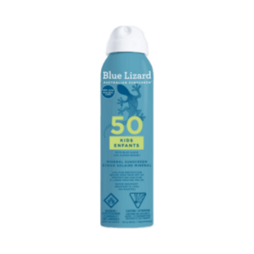 Blue Lizard SPF 50 Kids Spray Sunscreen in blue packaging, offering broad-spectrum UVA/UVB protection and safe for sensitive skin.