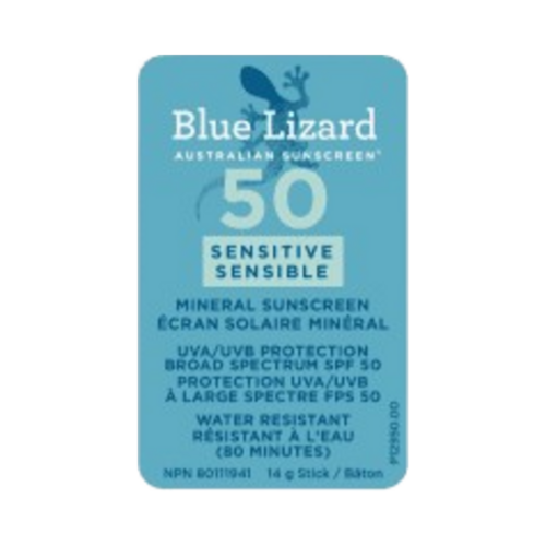 Blue Lizard Sensitive SPF 50 Stick Sunscreen tilbyder mineralsk UVA/UVB-beskyttelse. Designet til følsom hud med 80 minutters vandtæthed.