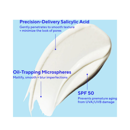 مجموعة مرطبات Murad SPF 50 مع وسائل شرح المكونات لحمض الساليسيليك، والكريات الدقيقة التي تحبس الزيت، وSPF 50 واسع النطاق.