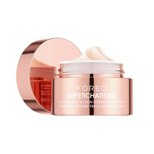 Foreo Supercharged HA+PGA Taise Tréan Ghníomhaíochta Triple i gcoimeádán óir róis oscailte, cúram craicinn préimhe le haigéad hyaluronic, 50ml.
